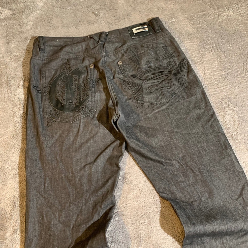 Coogi Mens Dark Wash Embroidered Baggy Streetwear Jeans Size 42x35 Black Y2K